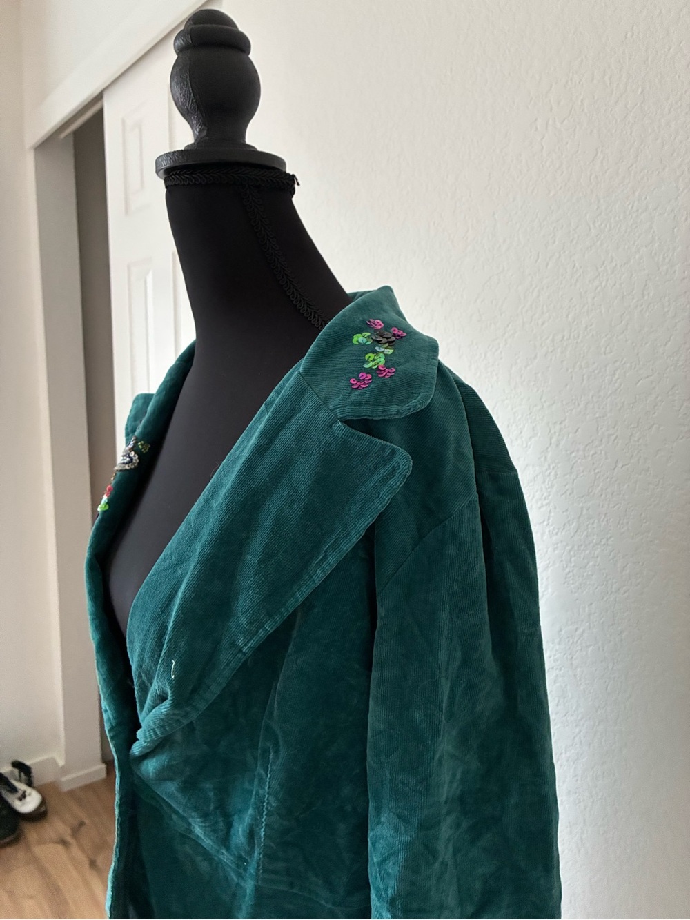 Beaded Embellished Teal Corduroy Blazer Bohemian Artsy Free Spirit Everyday - Picture 2 of 6